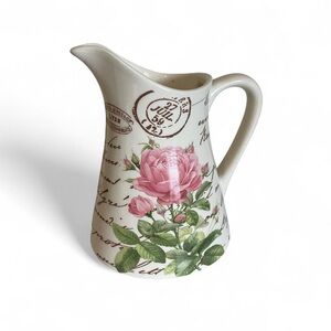 Teleflora Gift Vintage Decorative Pink Cream Floral 1 Quart Ceramic Pitcher